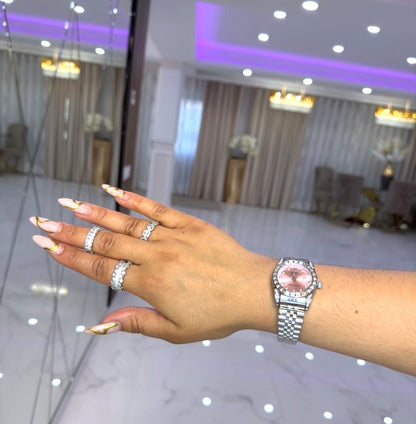 Rolex Oyester Plata Esfera Rosa Mujer Con Caja Original Y Pulsera De Regalo